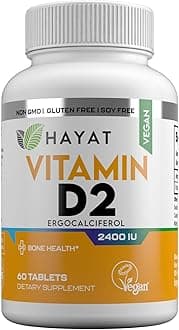 HAYAT Vitamins Vegan Vitamin D2 2400 IU (60 MCG), Dietary Supplement for Bone, Teeth, Muscle and Immune Health Support, 2 Month Supply, All Natural, Certified Halal, 60 Tablets, Made in The USA