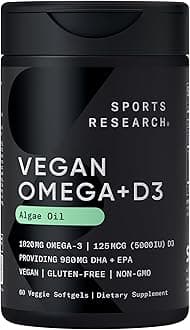 Sports Research Vegan Omega-3 with Vitamin D3 Softgels - 1020mg Omega-3 & 5000iu D3 Supplement - Fish Oil Alternative with Vitamin D Plant-Based Support from Algae Oil - 60 Veggie Softgels for Adults