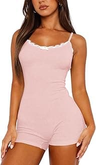 Lacozy Sexy One Piece Pajamas for Women Lightweight Lace Trim Cute Pjs U Neck Sleeveless Short Romper Onesie Sleepwear