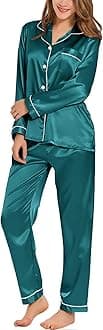 SWOMOG Women's Pyjama Set Silk Satin Long Sleeve Button Down Pyjamas Two Piece Comfy Sleepwear and Loungewear Set