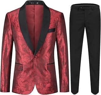 SliktaaMens 2 Pieces Floral Suits Slim Fit Formal Suit One Button Notched Lapel Tuxedo Blazer & Trousers Wedding Dinner Jacket