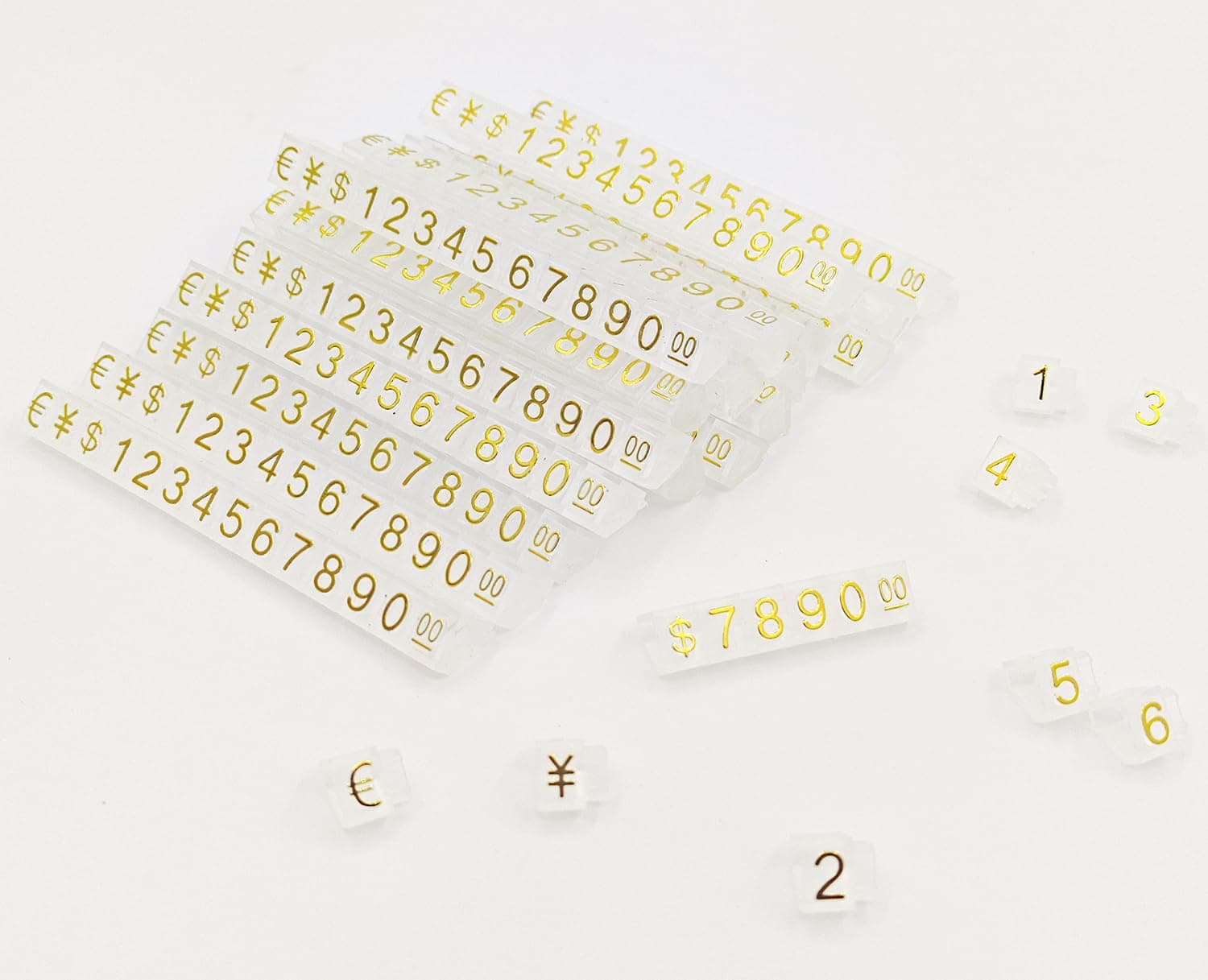 Price Tags - Adjustable Display Label Cube With Number and Letter for Euro, RMB, Dollar Pricing - Repeatable Stand Block Kit for Retail Shop Jewelry (20 Sets, Large, Transparent Gold)