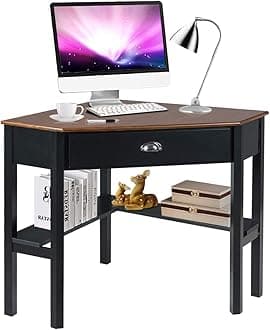 Tangkula Corner Desk, Corner Computer Desk with Drawer for Small Space, Small Corner Makeup Vanity Desk, 90 Degrees Triangle Corner Desk with Storage Shelves (Coffee & Black)