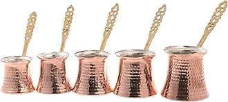 Turkish Copper Coffee Pot Set for Stovetop | 5 Pcs Handmade Arabic Greek Coffee Maker Set with Brass Handles | Traditional Vintage Handcrafted Coffee Pot Set | Butter Warmer, Cezve Jazva Briki Ibrik