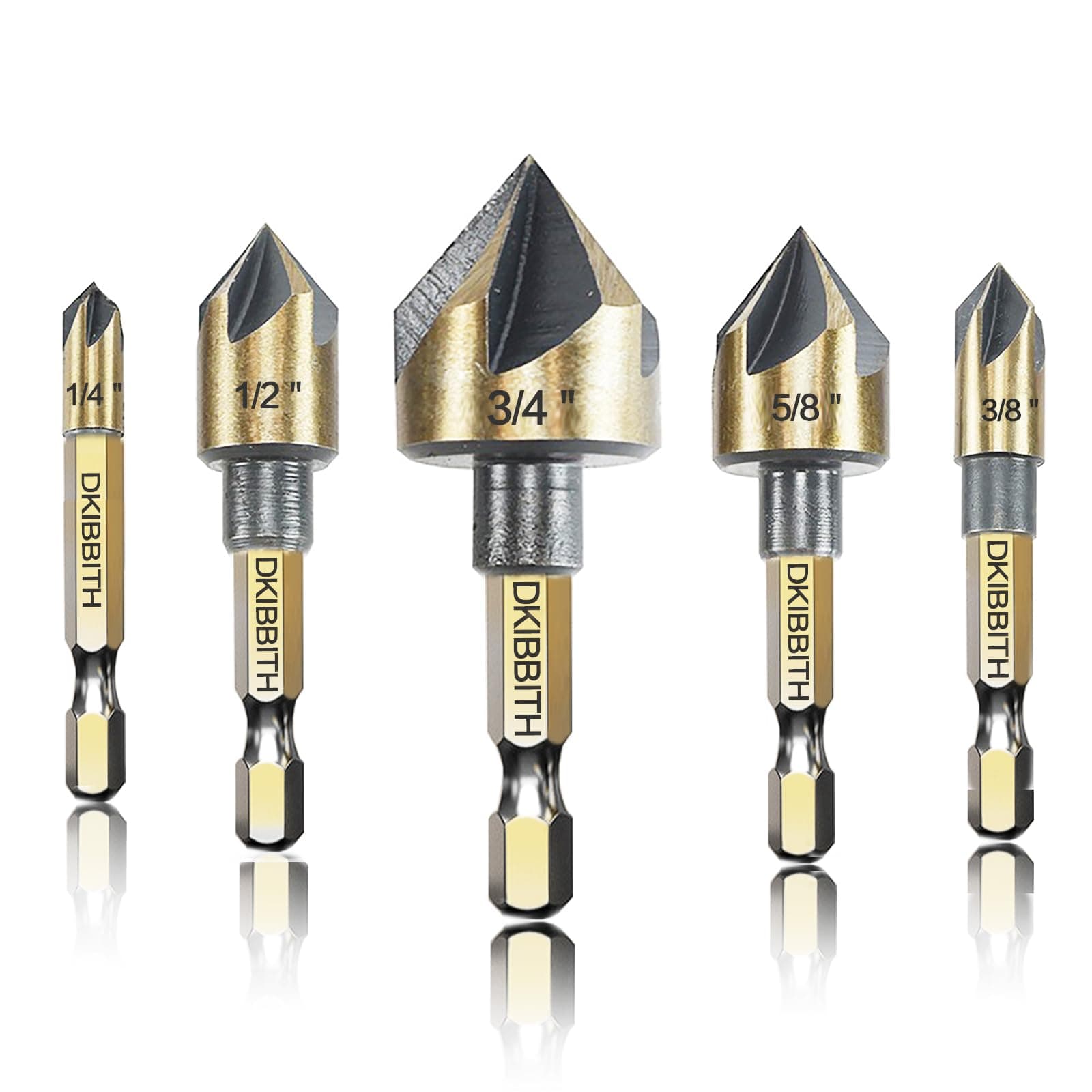 Countersink Drill Bit Set, 5pc, 1/4" Hex Shank, 82 Degree Countersink Holes for Screws to Sit Flush or Under The Surface of Metal Wood Plastic, Sizes 1/4, 3/8, 1/2, 5/8, 3/4 Inches with Storage Case