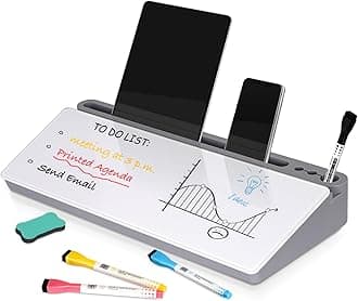 DOLLAR BOSS Glass Desk Whiteboard Small Dry Erase Board Desktop White Board with Storage Drawer Computer Keyboard Stand Desk Organizer Office Accessories School Supplies with 4 Markers 1 Eraser, Grey