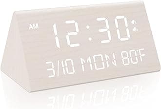Kogonee Wooden Digital Alarm Clock, 0-100% Dimmer, 2 Alarm Settings, Weekday/Everyday Mode, 9 Mins Snooze, 12/24H, Temperature and Date Display for Office, Travel, Bedroom Alarm Clock (White)