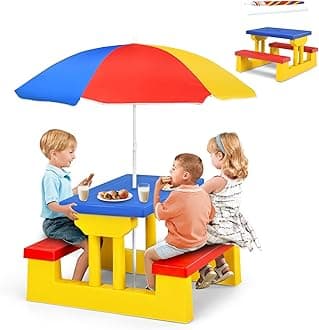 ARMILE Kids Picnic Table, Kids Indoor & Outdoor Table and Bench Set with Removable & Foldable Umbrella, Portable Toddler Plastic Picnic Table for Patio, Backyard, Ideal Gift for Boys Girls (Colorful)