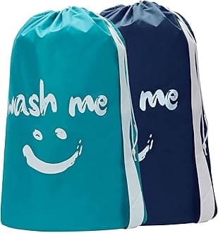 HOMEST 2 Pack XL Wash Me Travel Laundry Bag with Strap, Dirty Garments Organizer, Large Enough to Hold 4 Loads of Clothes, Easy Fit a Hamper or Clothing Basket, Azure and Blue