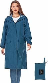 Women's Long Rain Jacket Waterproof Lightweight Hooded Raincoat Packable Knee Length Rain coat