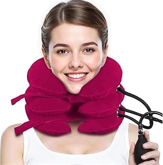 Neck Stretcher, Cervical Traction Device, Neck Traction Device, Cervical Neck Traction Device for Neck Pain Relief, Adjustable Inflatable Neck Brace, Neck Decompression Home Use (Red)