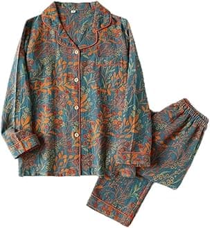Vintage Leaf Cotton Lapel Loungewear Set,Colorful Floral Long Sleeve Trousers Cardigan,Women's Pajama Two Piece Set