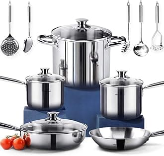 HOMICHEF 14-Piece Nickel Free Stainless Steel Cookware Set - Nickel Free Pots and Pans Set - Non-Toxic, Healthy Induction Cookware