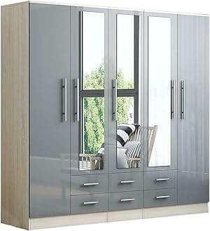 GREY High Gloss Large Wardrobe - 5 Door 6 Drawers & 3 Mirrors
