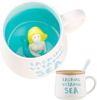 BigNoseDeer Mermaid Coffee Mug - Ceramic Tea Cup With Lid and Spoon - Kawaii Cute and Funny 12oz Mug - Christmas and Birthday Gifts for Women