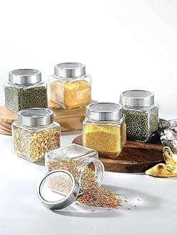 Vency Piramal Glass Round 500ml Transparent Glass Jars & Containers for Kitchen Pantry, Snacks, Masala, Pickles, Dry Fruits, Coffee Beans Storage with Black Plastic Lid (500ml, Set Of 6)