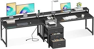 Coleshome 94" Two Person Computer Desk with Power Outlet & USB Ports, Extra Long Home Office Desk with Fabric Drawers, File Cabinet & Monitor Stand, Black