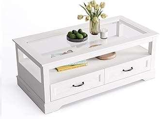 LINSY HOME Coffee Table, 47" Coffee Table with Glass Tabletop, Open Display Area and Storage Drawer, Modern Farmhouse Center Table for Living Room, White
