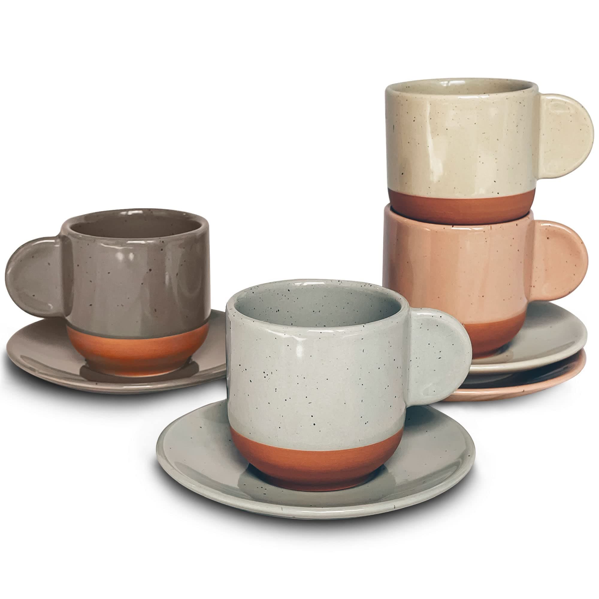 Ceramic Mini Espresso Cups Set of 4, 3oz - Tiny Italian Inspired Mugs With Saucers For Small Shots of Coffee - Modern Boho Style For Any Kitchen or Cafe. Microwave Safe Porcelain - Asstd Neutrals