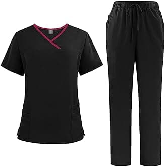Scrubs Uniforms Women Set, Female Medical Uniforms & Scrubs Durable Short Sleeve V Neck Tunic Top and Pants with Pockets, Beauty Tunics for Women UK Nursing Workwear Suits for Beauty Center