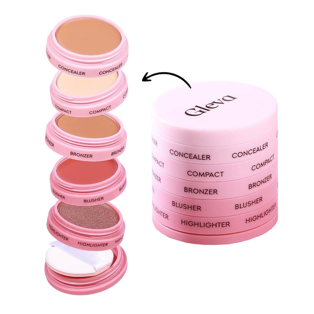Gleva 5 In 1 Makeup stack With Concealer, Bronzer, Blusher, Compact & Highlighter Smooth & Blendable Formula - Travel Friendly, Quick & Easy to Use (Medium)
