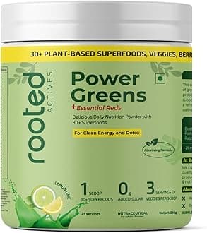 Rooted Actives Power Greens + Essential Reds | Daily Nutrition Powder with 30+ Plant-Based Greens, Vegetables & Fruits | With Vitamins, Minerals, Probiotics & Digestive Enzymes | Zero Added Sugar | Lemon Lime Flavour | 250 g