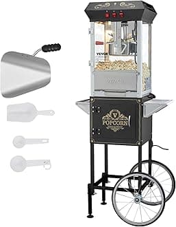 Popcorn Maker with Cart, 850W Popcorn Popper Machine, 8 Oz Kettle Makes 48 Cups per Batch, Popcorn Maker Equipped with Tempered Glass, Includes 4 Scoops, Movie Theater Style, Black
