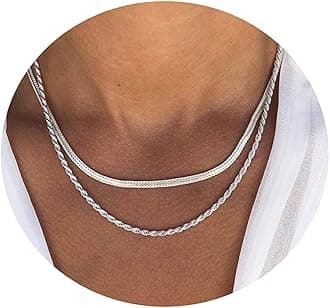 Tasiso Silver Plated Herringbone Choker Necklace Set Double Layered Snake Chain Layering Herringbone Chain Necklace Flat Snake Choker Necklace for Women 4MM 40CM/45CM