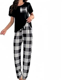 Women's Pyjama Set Round Neck Short Sleeve Tops and Long Pants Soft Sleepwear Loungewear Summer Pjs Set Casual Nightwear for Ladies(White/L)