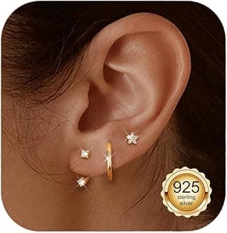 Jstyle 14K Gold Plated Earrings for Women S925 Sterling Silver Post Earring for Multiple Piercings Cartilage Stud Small Hoop Dainty Earrings Set