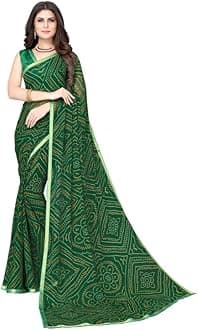 Satrani Women'S Bandhani Printed Chiffon Saree With Unstitched Blouse Piece, Green1, One Size