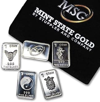 Five (5) One Gram .999 Pure Silver Bars with Random Designs in a Jewelry Pouch by Mint State Gold