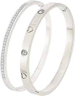 Silver Bracelet Stack for Women - 2Pcs 18K Gold Plated Love Bangle Crystal Friendship Bracelet Jewelry,Mothers Day Valentines Birthday Christmas Jewelry Gifts for Mom Her Wife Grandma.