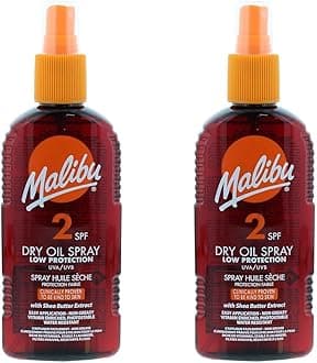 Malibu Sun SPF 2 Non-Greasy Dry Oil Spray for Tanning with Shea Butter Extract, Low Protection, Water Resistant, 200ml (Pack of 2)