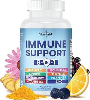 NEW AGE 8 in 1 Immune Support Booster Supplement with Echinacea, Vitamin C and Zinc 50mg, Vitamin D 5000 IU, Turmeric Curcumin & Ginger, B6, Elderberry 60 Count (Pack of 1)