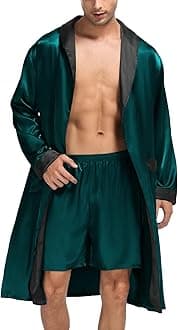 SWOMOG Men's Satin Robe with Shorts Set Silky Kimono Bathrobe Lightweight Soft Sleepwear