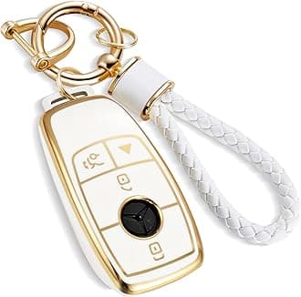 for Mercedes Key Fob Cover with Metal Braided Rope Keychain, Upgraded Soft Case for Benz GLC GLE GLA GLB GLS AMG A C E G S Class (4 Buttons) Shell (Gold Edge, B2)