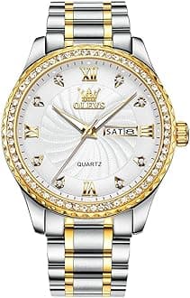 OLEVS White Quartz Watches for Men Big Dial Analog Wrist Watch Easy Read Roman Numeral Mens Silver Gold Stainless Steel Strap Watches with Date Water Resistant Luminous Hands Diamond Watch Men