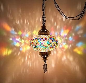 Authentic Turkish Mosaic Plug-in Swag Pendant Light Fixture, Large 6.5" Globe – Moroccan Hanging Ceiling Lamp - 15ft Cord & Chain, US/CA Plug, Exotic Mediterranean Decor, Handmade, Multicolor