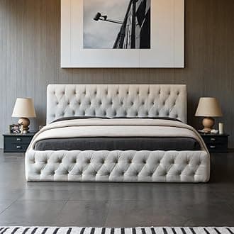 Upholstered Queen Size Grounded Bed Frame & Fabric Platform Bed with Wooden Slat Support and Headboard for Bedroom & Living Room,No Box Spring Needed, Beige