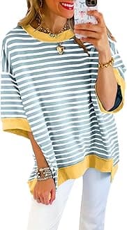 SHEWINWomens Tops Casual Short Sleeve Sweatshirt Striped Shirt Crewneck Pullover T Shirts Loose Blouses