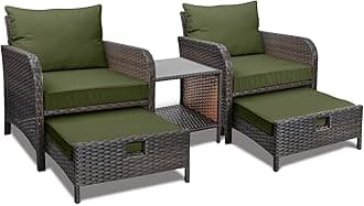LEVELEVE Balcony Furniture 5 Piece Patio Conversation Set, PE Wicker Rattan Outdoor Lounge Chairs with Soft Cushions 2 Ottoman&Glass Table for Porch, Lawn-Brown Wicker（Army Green