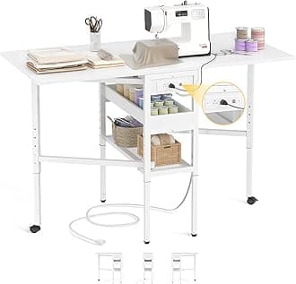 Besiost Folding Sewing Cutting Table with Charging Station, Height Adjustable Craft Table with Storage, 50" Foldable Fabric Cutting Tables for Sewing Room Craft Room, White