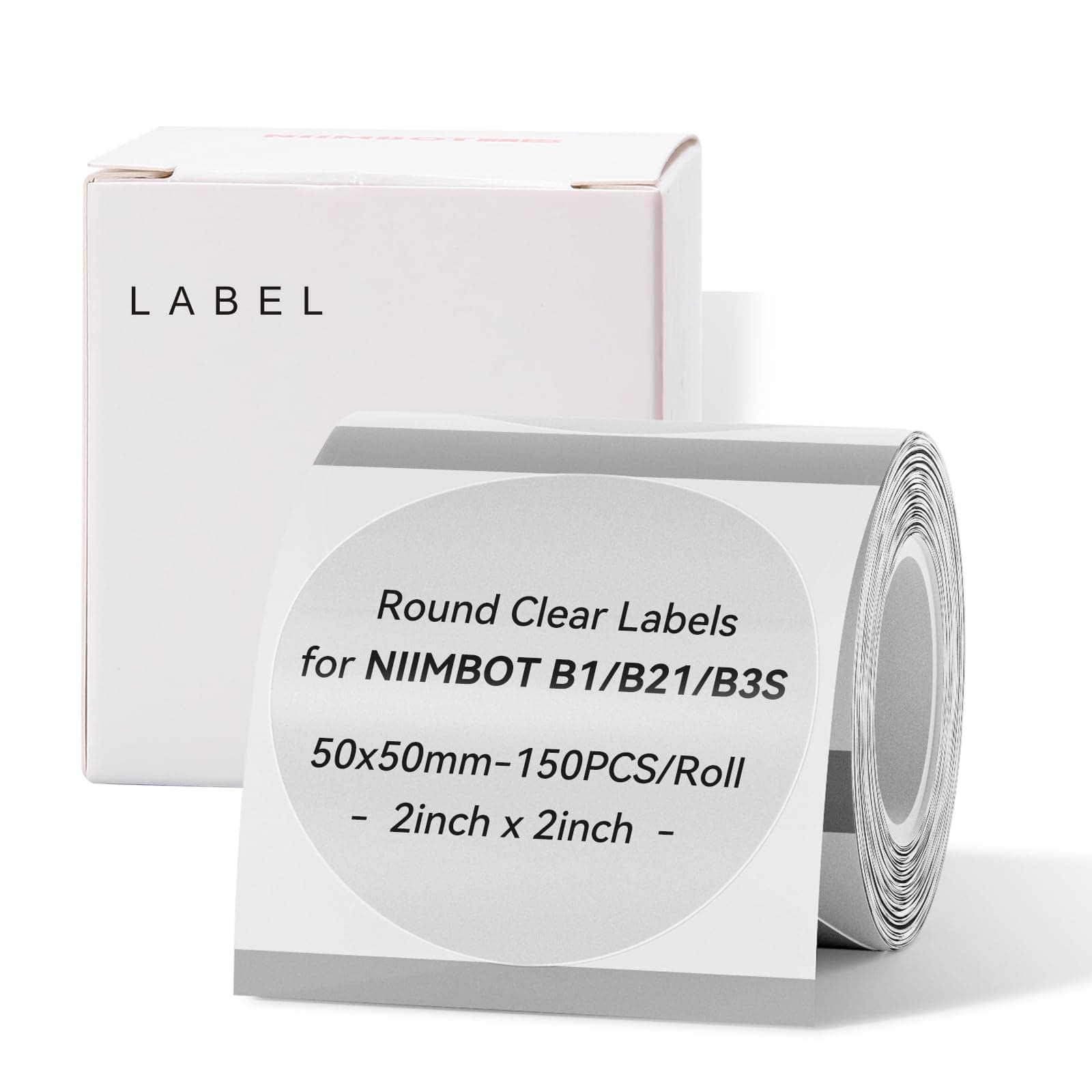 NIIMBOT Labels for B1/B21/B2 Printer - 2'' x 2'' (50x50mm) Thermal Labels, Waterproof & Oil-Proof, 1 Roll of 150 Round Clear Stickers