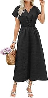 ECOWISHWomen Cotton Midi Dress: 2025 Button V Neck Casual Summer Dresses Short Sleeve A-Line Shirt Long Dress with Pockets