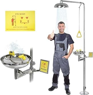 AIWFL 304 Stainless Steel Eye Wash Station, Emergency Shower Eyewash Station, Combination Eye Wash Shower Station for Industrial & Commercial & Lab Use, NPT Threads, with Eyewash Sign