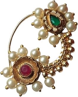 ArtNestTraditional Golden Nose Pin or Nath | Maharashtrian Pearl Design | Ethnic Round Nose Ring | Indian Bridal Jewelry | Women's Festival Accessory (N14)