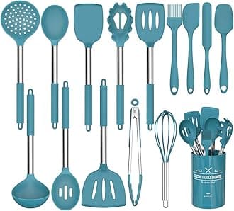 15 Pcs Silicone Cooking Utensils Kitchen Utensil Set - Umite Chef 446°F Heat Resistant Stainless Steel Handles Kitchen Gadgets Tools Set for Nonstick Cookware(Blue)