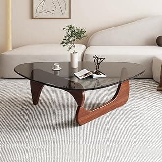 Triangle Coffee Table Modern Noguchi End Table, Solid Wood Base and 8mm Thick Tempered Glass Top Accent for Living Room Office Hotel Patio (Walnut Legs + Gray Glass, 32 * 22 * 16)