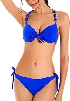 Womens Removable Padded Push Up Bikini Set Tie Side Swimsuit Swimwear (S, Blue)